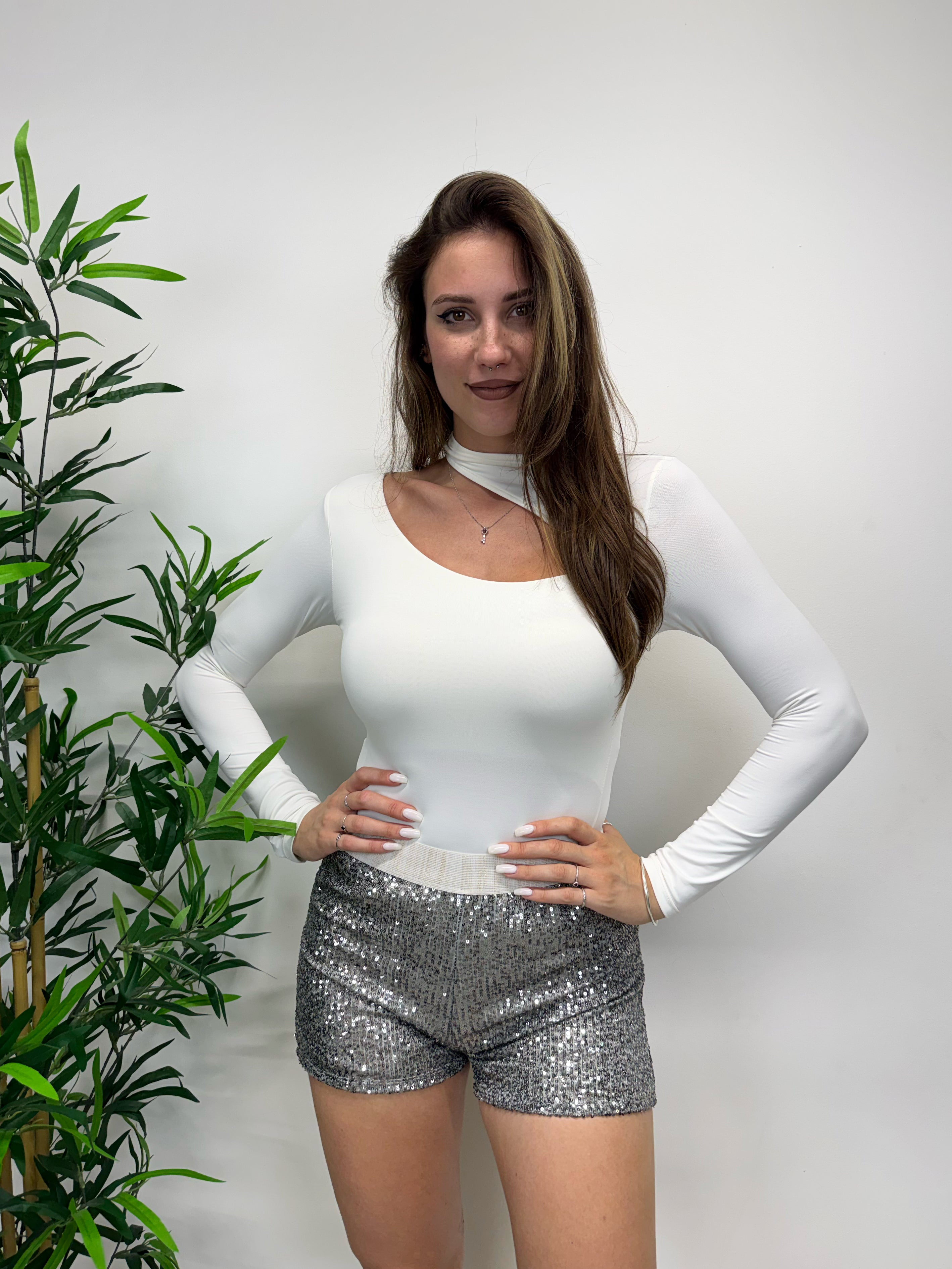 Shorts in paillettes argento