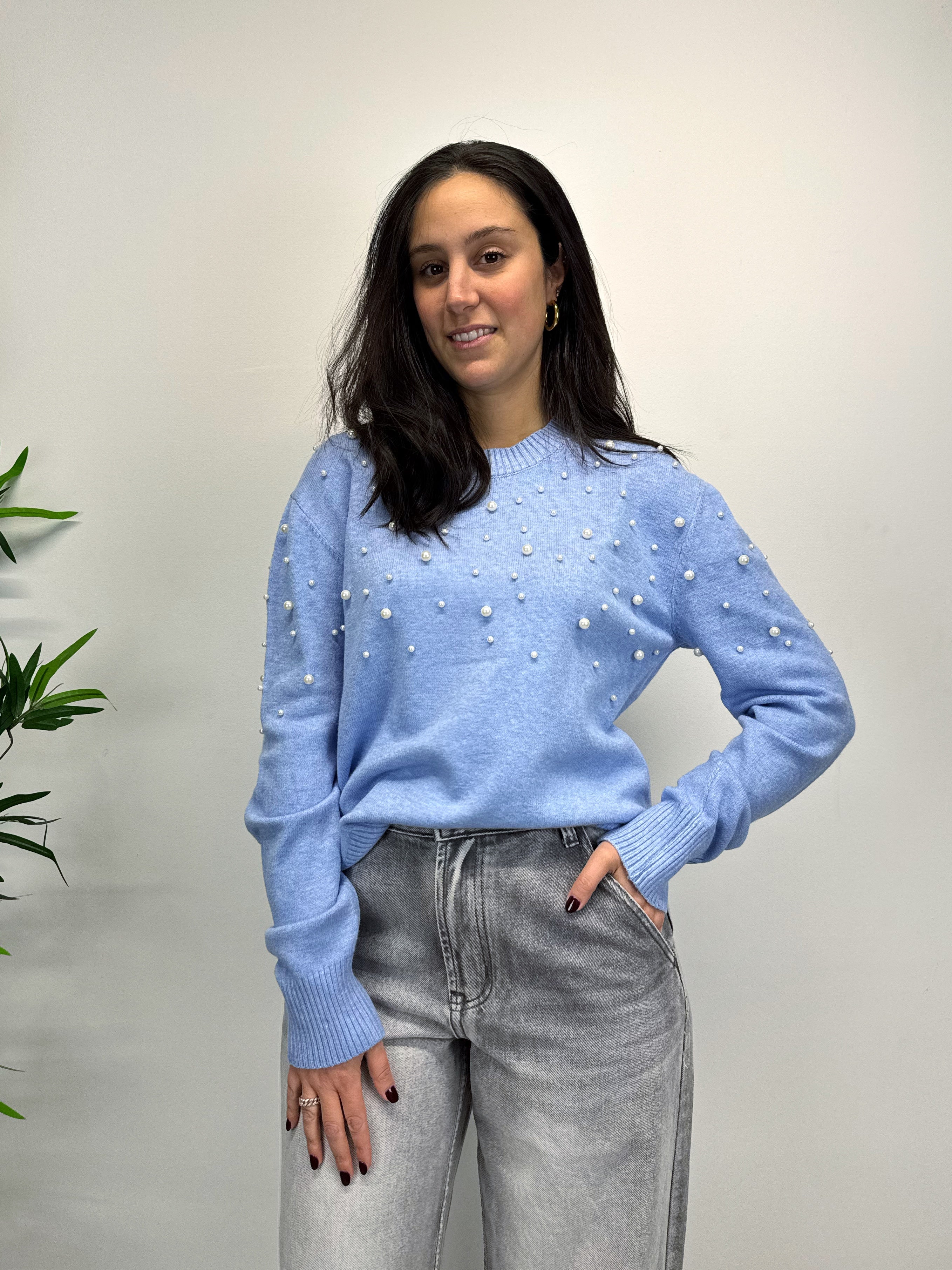 Maglioncino con perle ceruleo